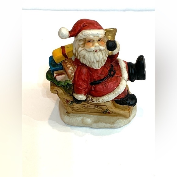 Santa Ringing Bell on Sleigh Figurine Ceramic Bag of Presents Vintage - Picture 1 of 4